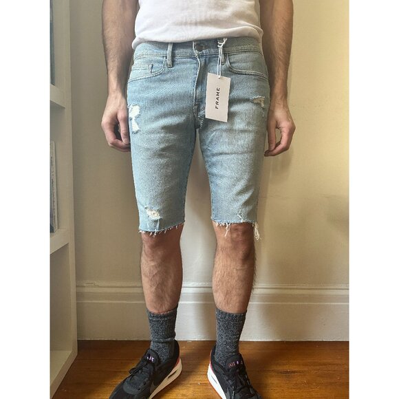 Frame L'Homme Cut Off Distressed Raw Hem Jean Shorts Blue Men's Sz 31 NWT - Picture 1 of 13
